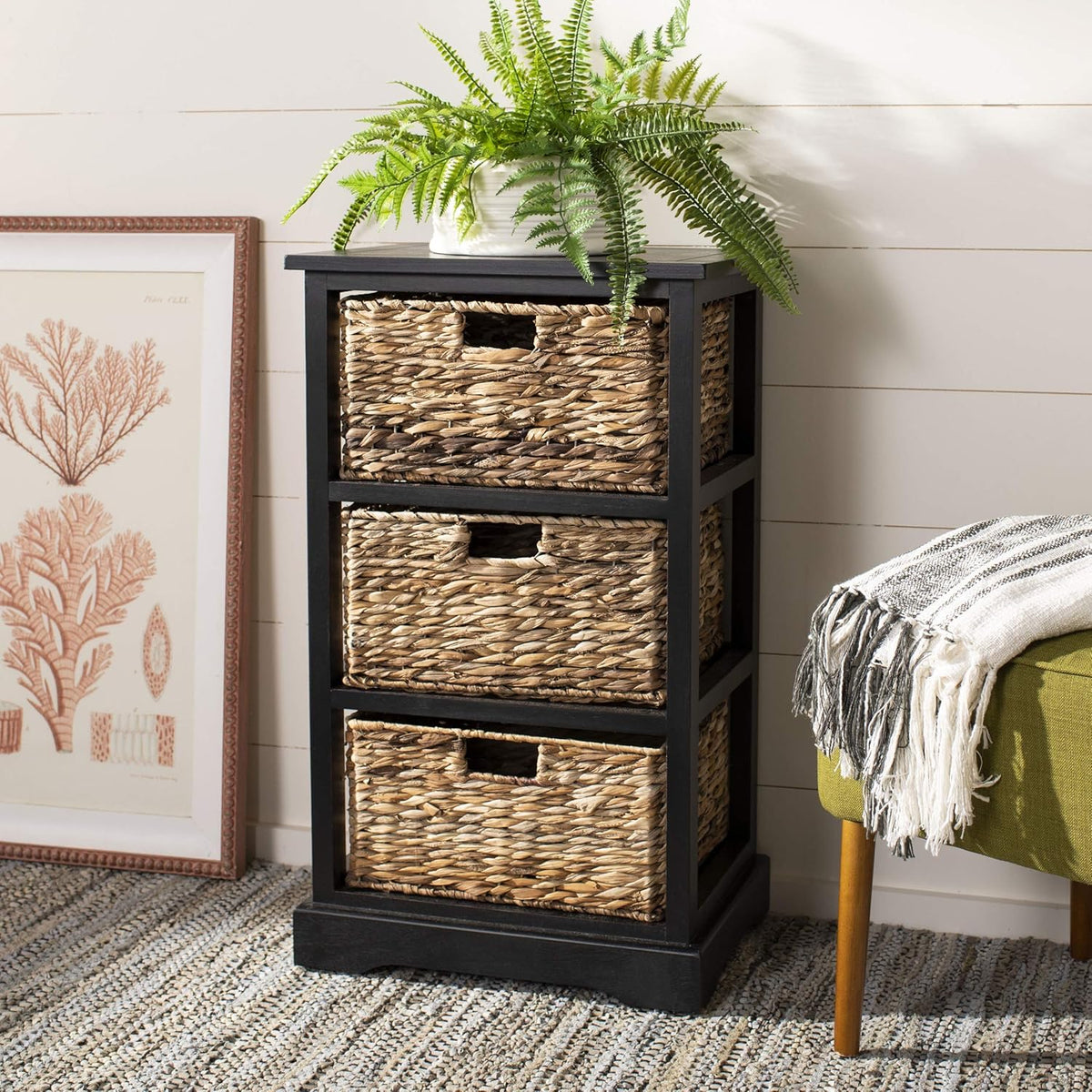 Distressed Black 3 Wicker Basket Storage Side Table Z78115