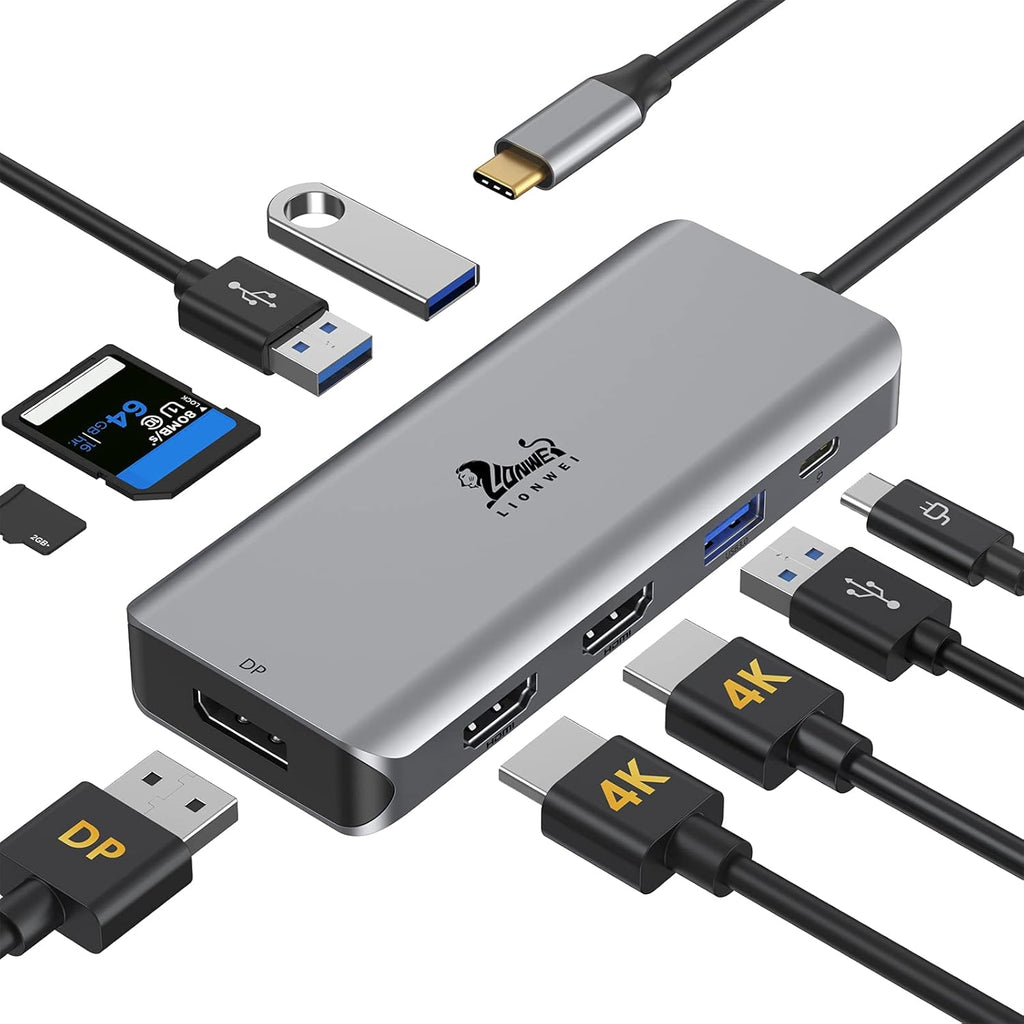 9-in-1 Triple Display USB C to Dual HDMI Adapter with DisplayPort, 87W PD, SD/TF Card Reader H836