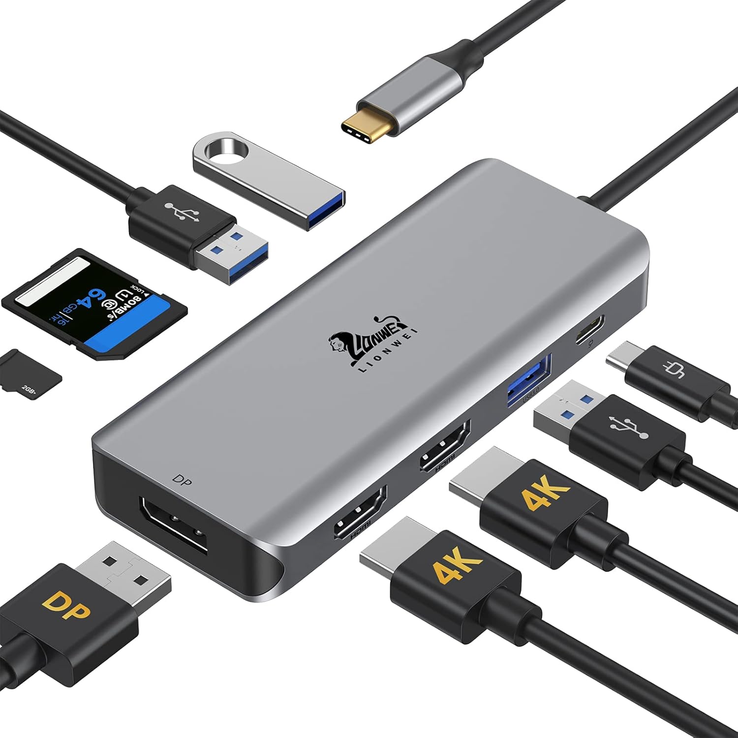 9-in-1 Triple Display USB C to Dual HDMI Adapter with DisplayPort, 87W PD, SD/TF Card Reader H836