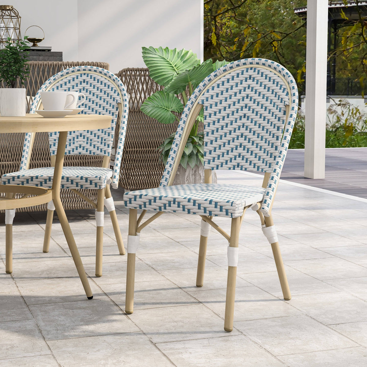 Natural Tone Patio Bistro Chairs (Set of 2) - Blue & White J5981