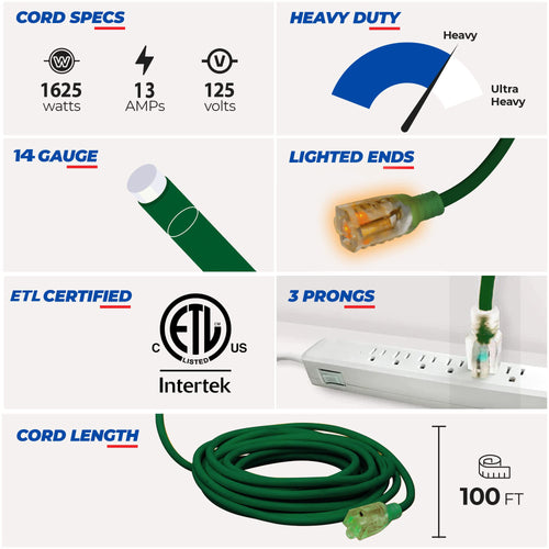 100 ft 14 gauge 3 prong SJTW Green Lighted End Extension Cord C152751