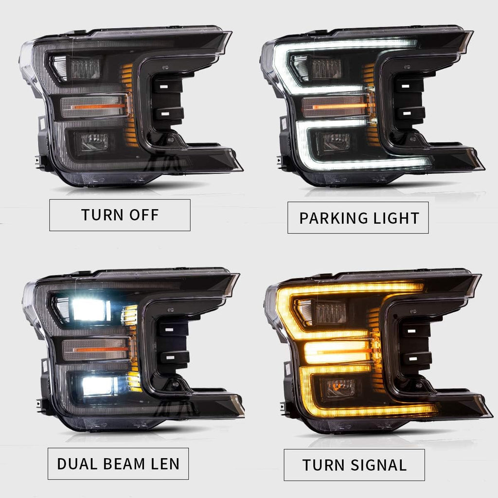 LED Projector Headlights and Clear Tail Lights with Red Turn Signal Lights for Ford F150 2018 2019 2020 L5465