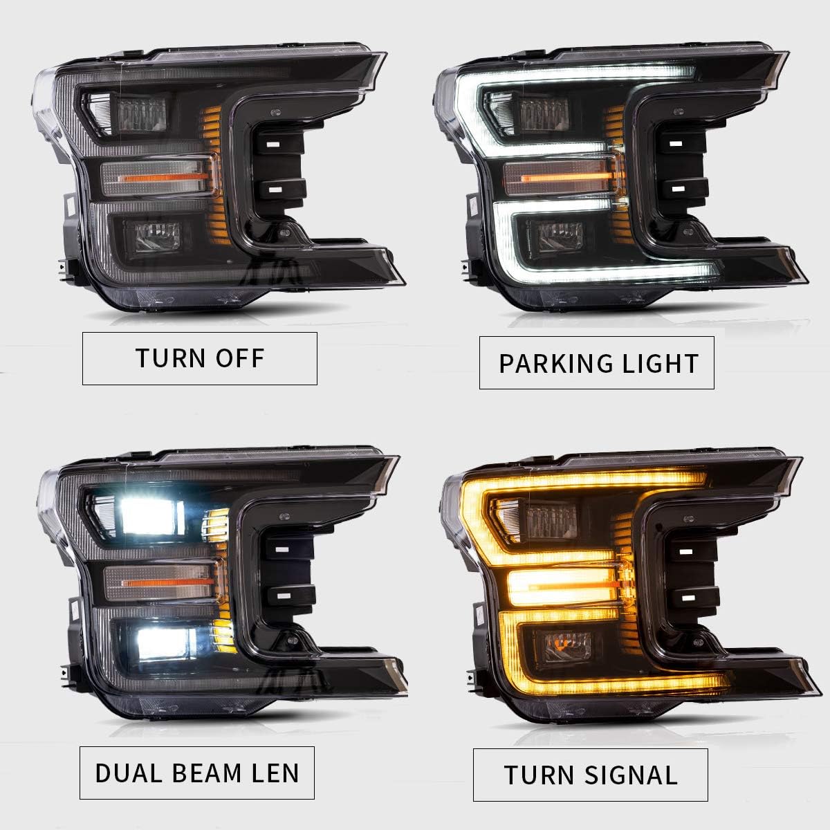 LED Projector Headlights and Clear Tail Lights with Red Turn Signal Lights for Ford F150 2018 2019 2020 L5465