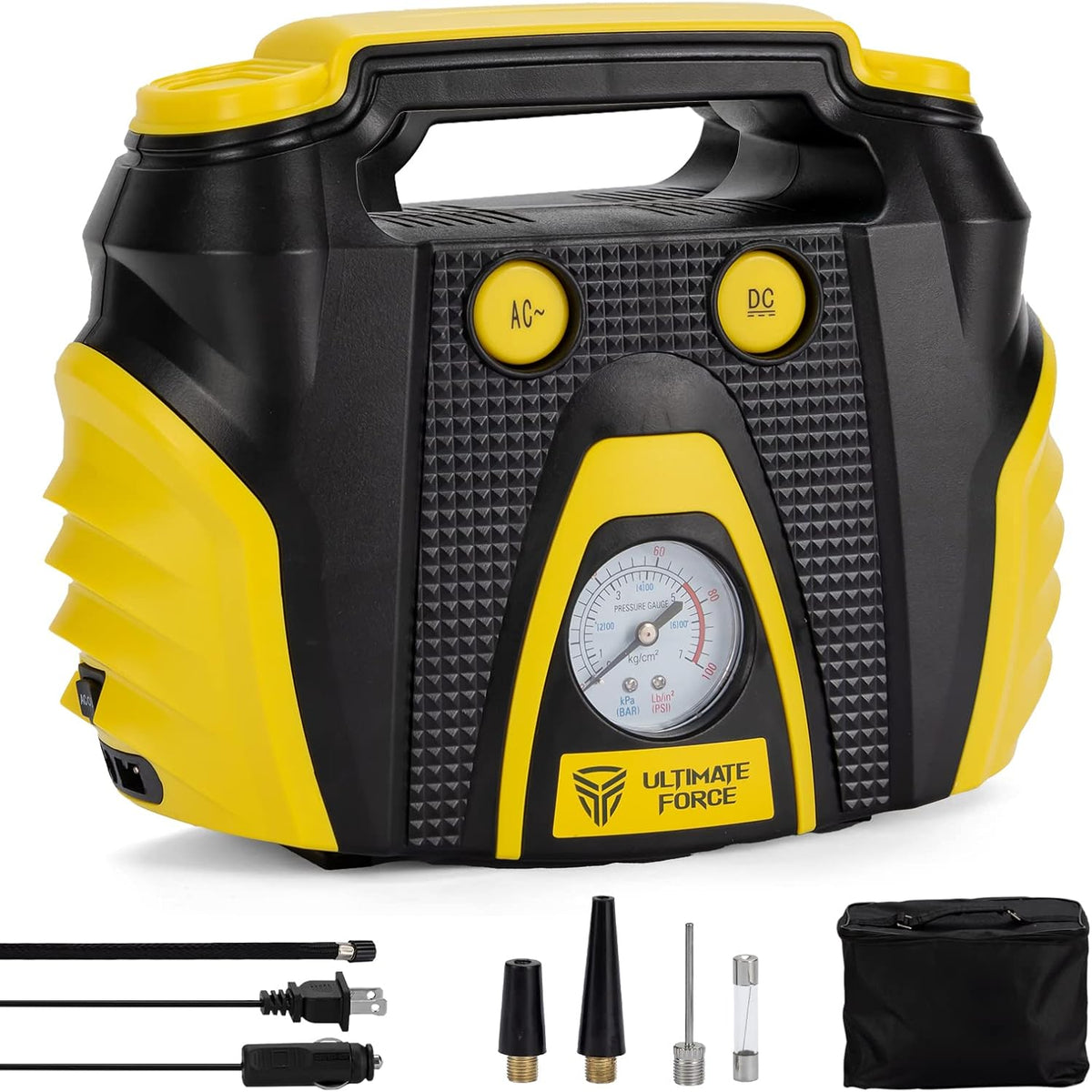 Portable Tire Inflator 12 V Air Compressor Pump with Dual Power, 3 Air Nozzle and Carrying Case, Yellow Q8136