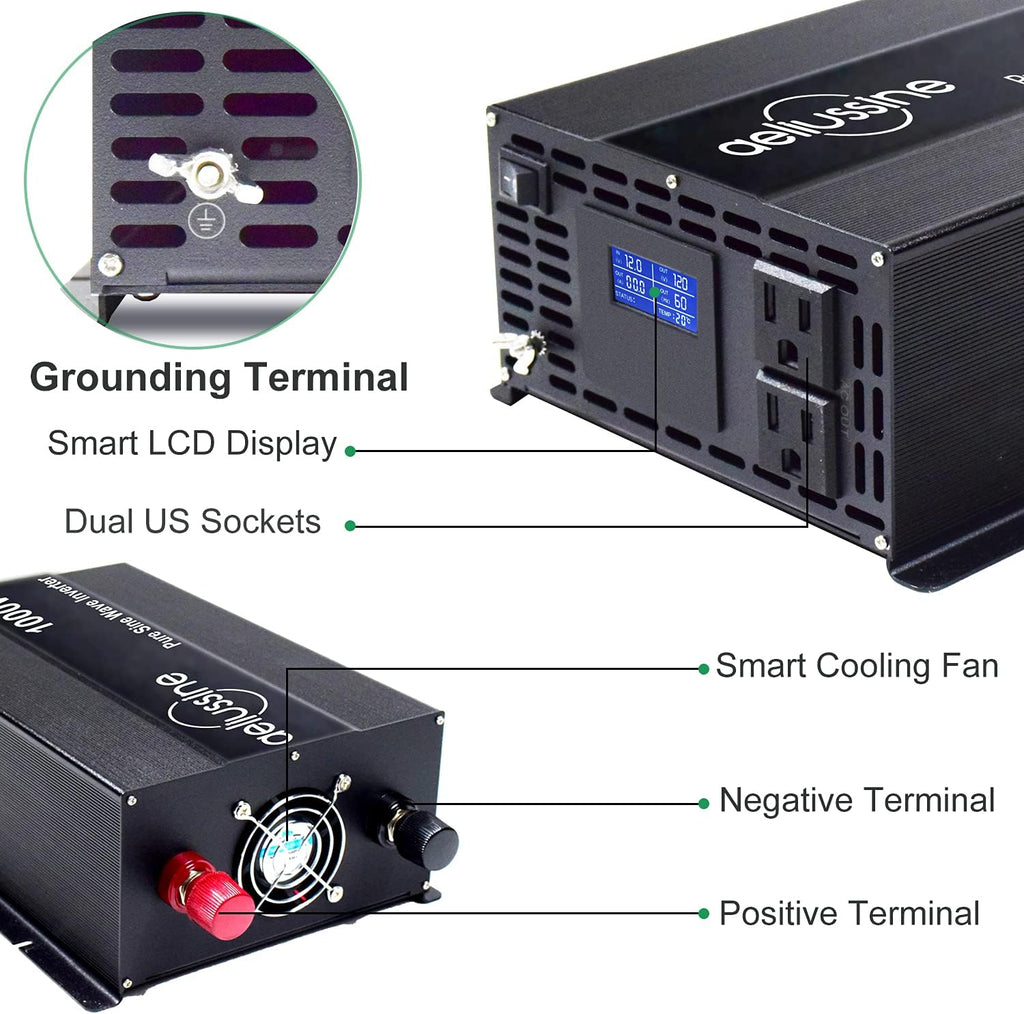 1000 Watt Pure Sine Wave Power Inverter 24V DC to AC 110V 120V with 2 US Socket LCD Display L54044