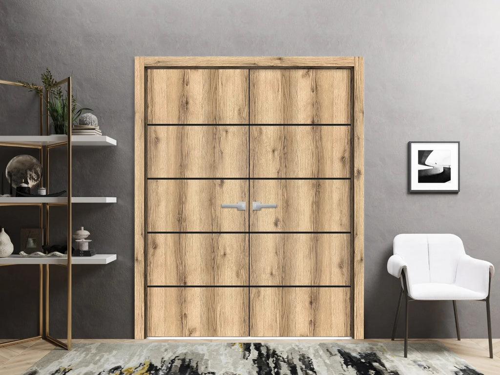 Solid French Double Doors 48 x 80 inches Oak with Frosted Glass Wood Solid Panel Frame Trims P79383
