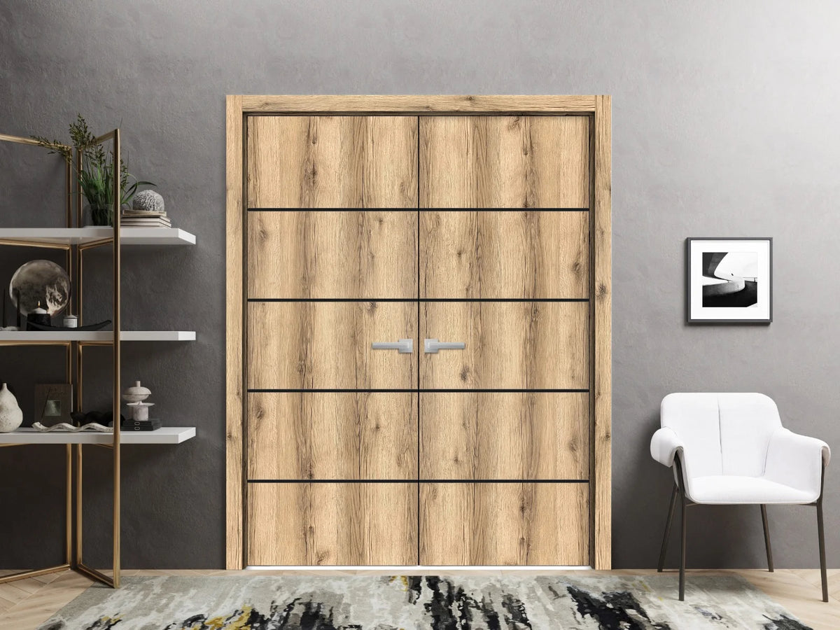 Solid French Double Doors 48 x 80 inches Oak with Frosted Glass Wood Solid Panel Frame Trims P79383