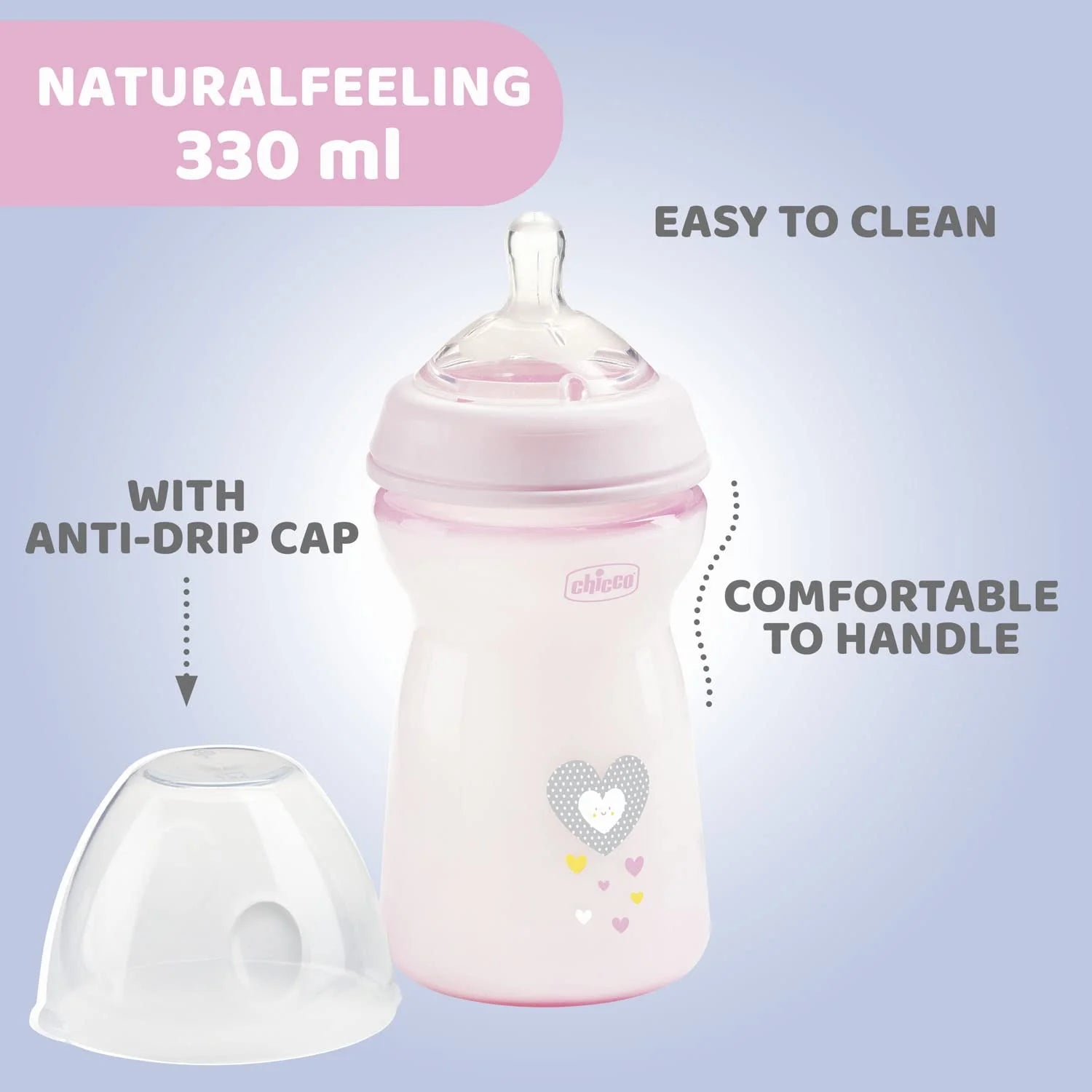 Baby Milk Feeding Bottle with Wide Neck, 330ml (Pink) N7547