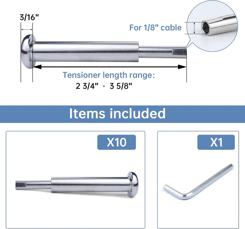 10Pair Cable Railing Kit Invisible 1/8 Swage Tensioner T316 Stainless Steel S662