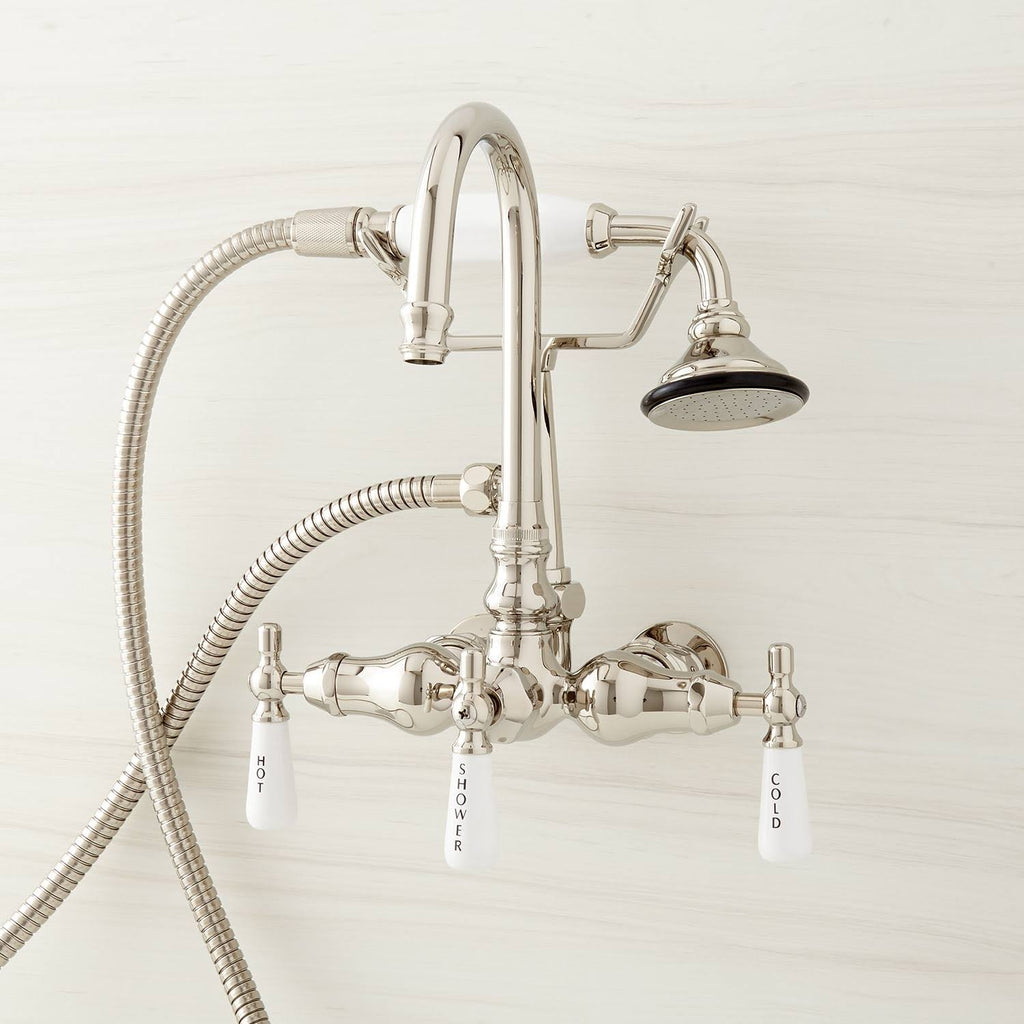 Polished Nickel Gooseneck Tub Faucet with Hand Shower and Wall Couplers K22375