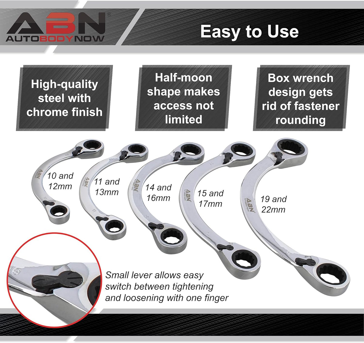 Double Box Ratcheting Wrench Set 5pc Half-Moon Metric Double Ended 10 to 22mm C67693