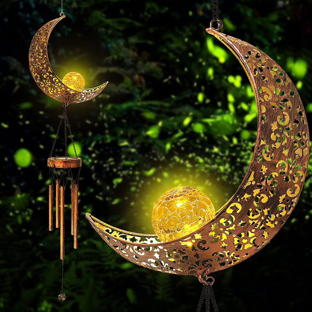 Retro Brass Metal Moon Crackle Glass Solar Wind Chimes LED Lights G428548