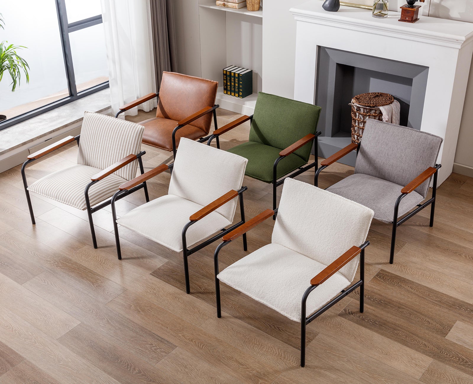 White Sherpa Armchair with Wooden Armrests and Metal Legs Z623