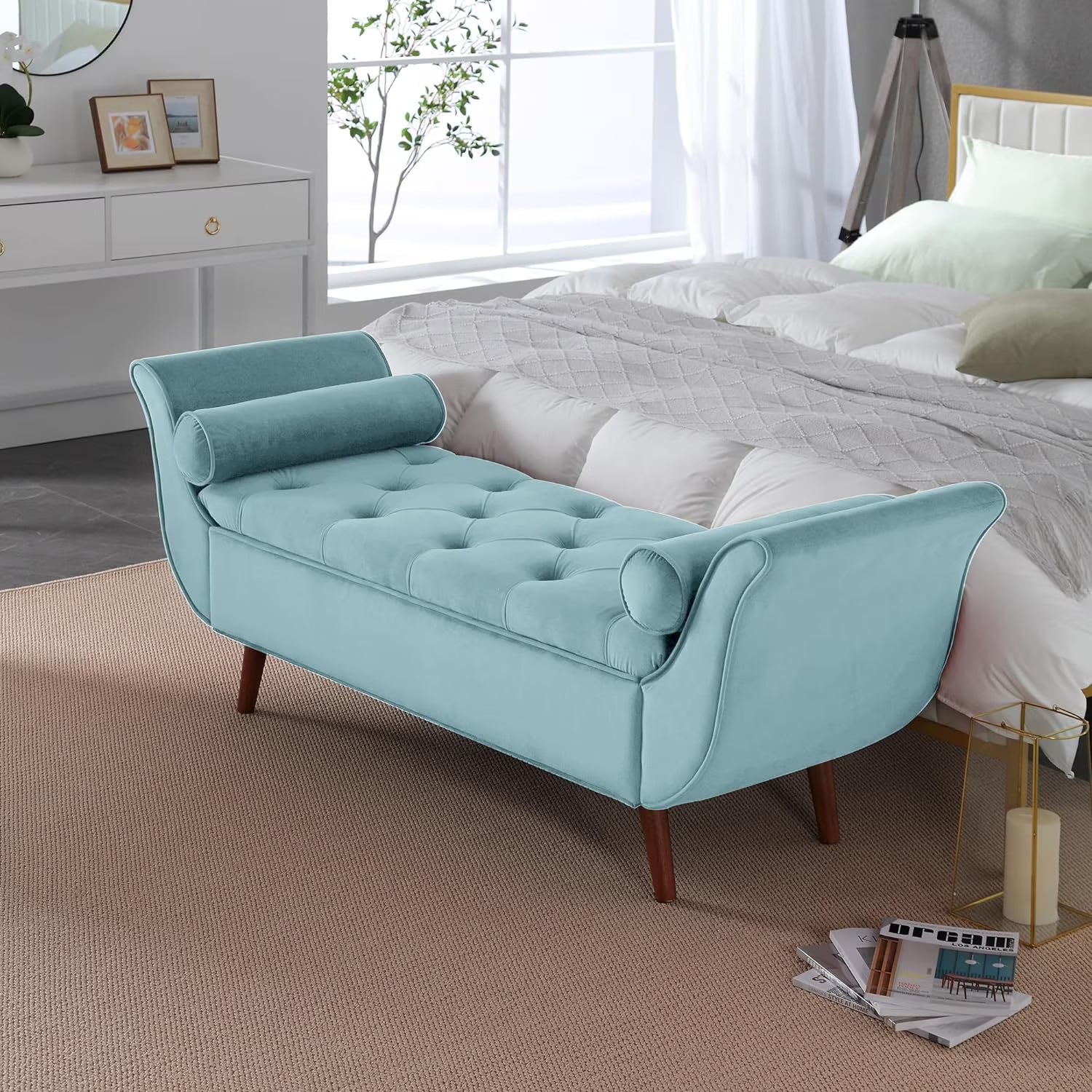 Velvet Upholstered Storage Bench with Solid Wood Legs P98197