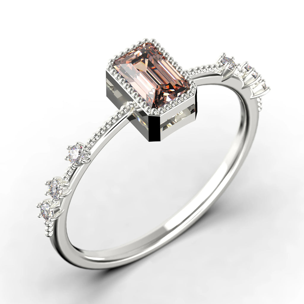 1.25 Carat Emerald Cut Morganite And Diamond Moissanite Thin Engagement Ring in 925 Sterling Silver With 18k White Gold Plating V98803