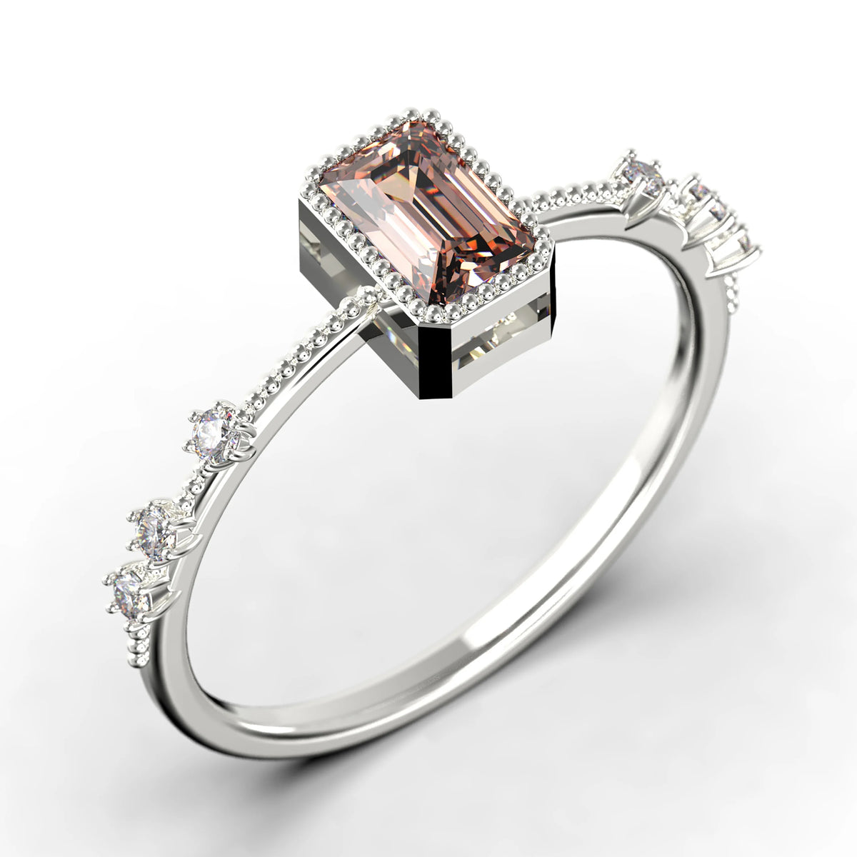 1.25 Carat Emerald Cut Morganite And Diamond Moissanite Thin Engagement Ring in 925 Sterling Silver With 18k White Gold Plating V98803