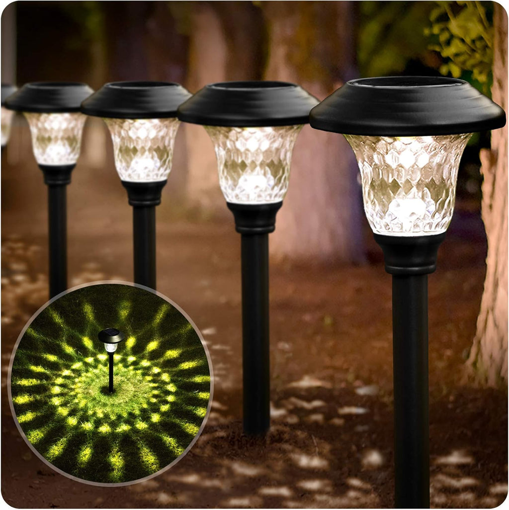 8 Pack Solar Pathway Lights Outdoor Garden Stake Glass Stainless Steel IP65 Waterproof Black Y81581