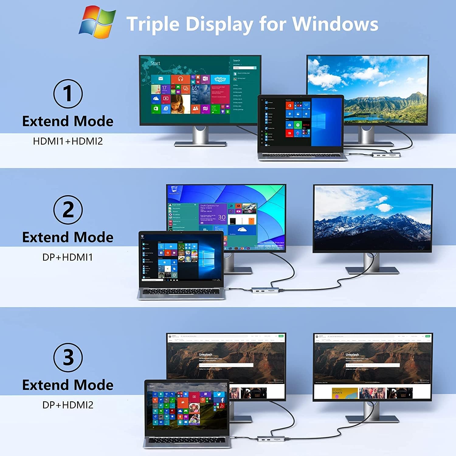 9-in-1 Triple Display USB C to Dual HDMI Adapter with DisplayPort, 87W PD, SD/TF Card Reader H836