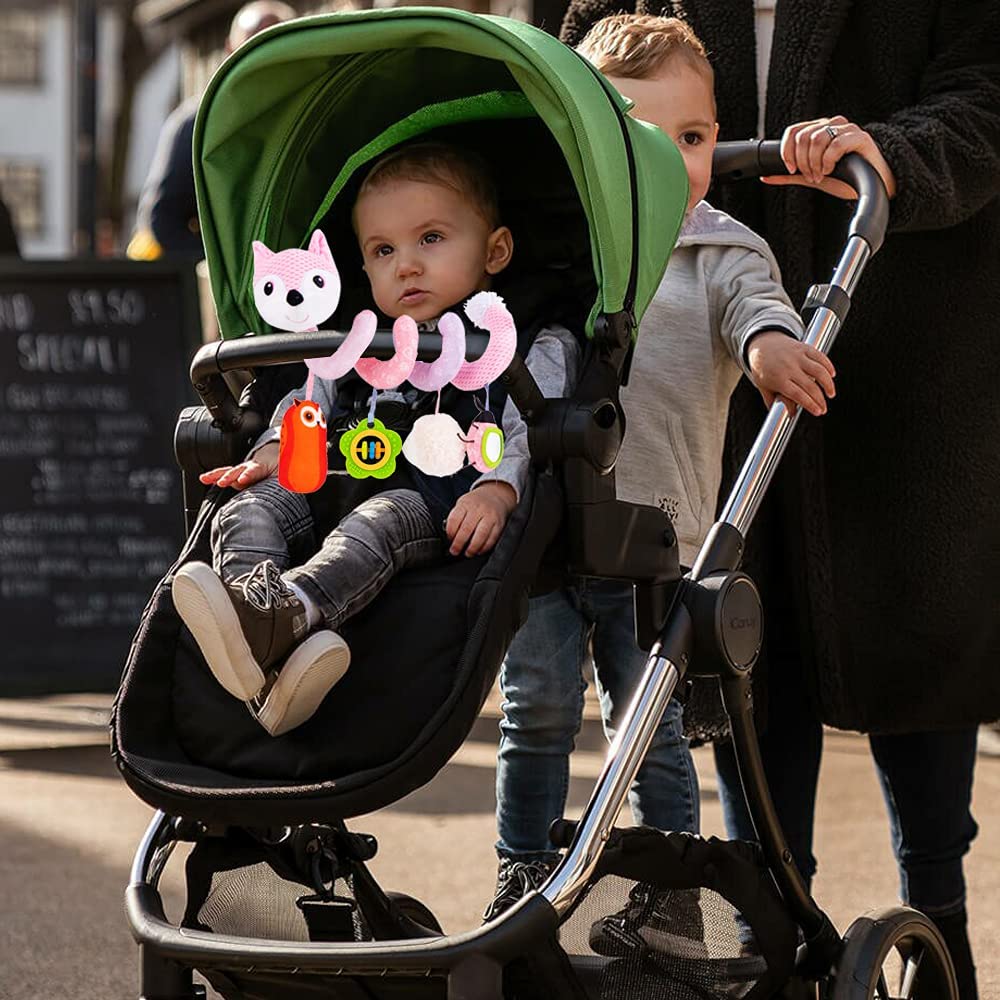 Pink Fox Plush Baby Car Seat Toys with Musical Sheep Rattles Owl Ladybird Distorting Mirror F43770