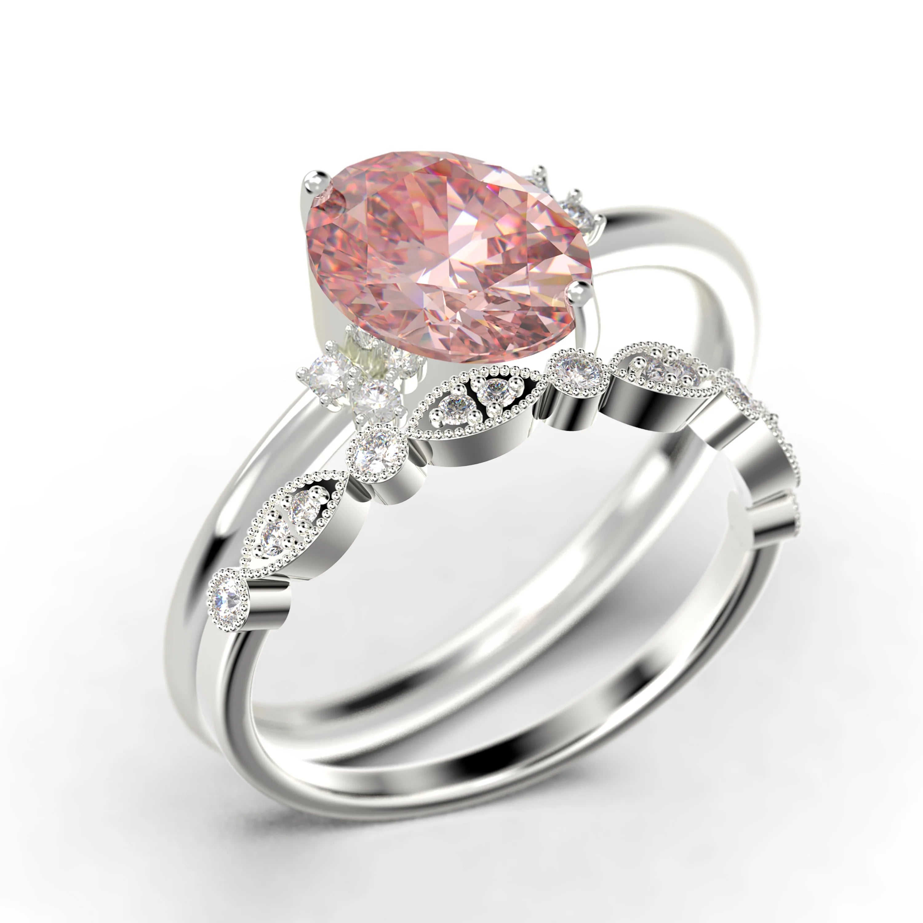 10K Solid White Gold Oval Cut Morganite And Diamond Moissanite Engagement Ring Z9170