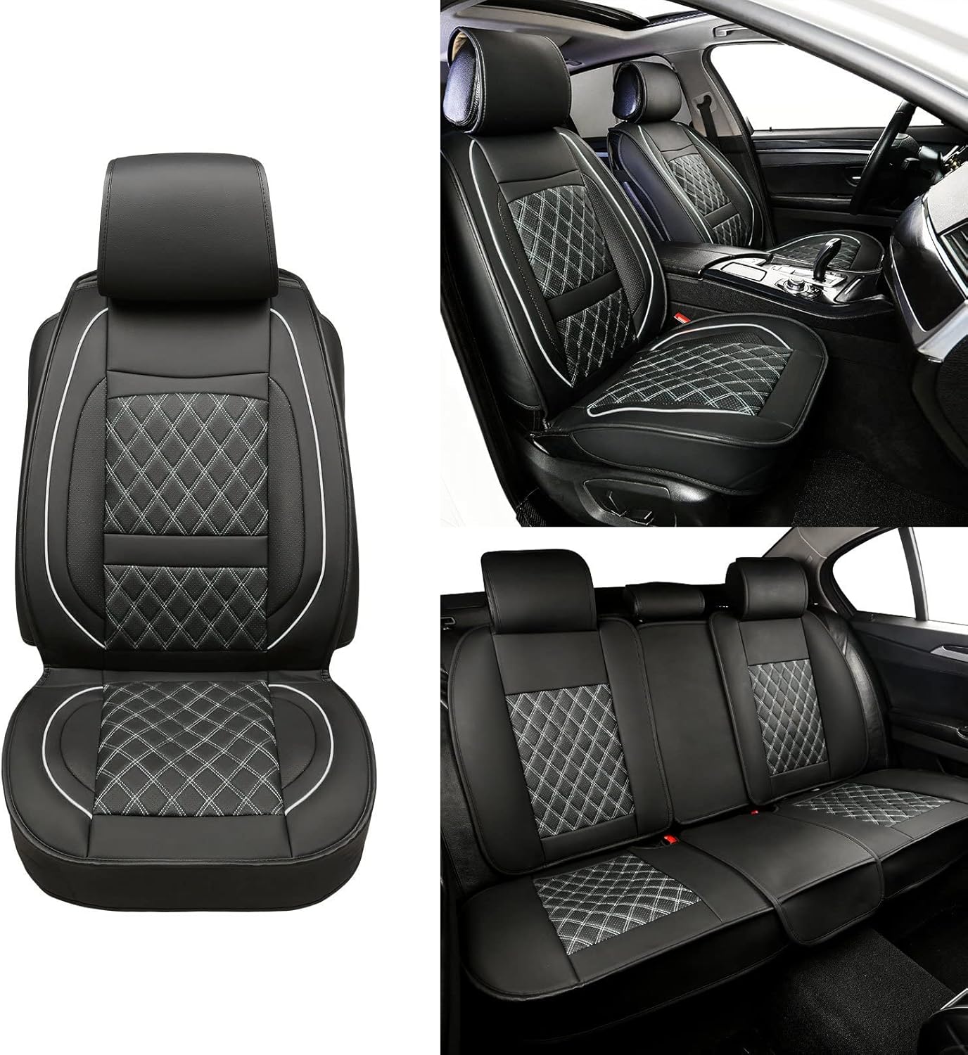 Black Leather Car Seat Covers with Backseat Storage D3166