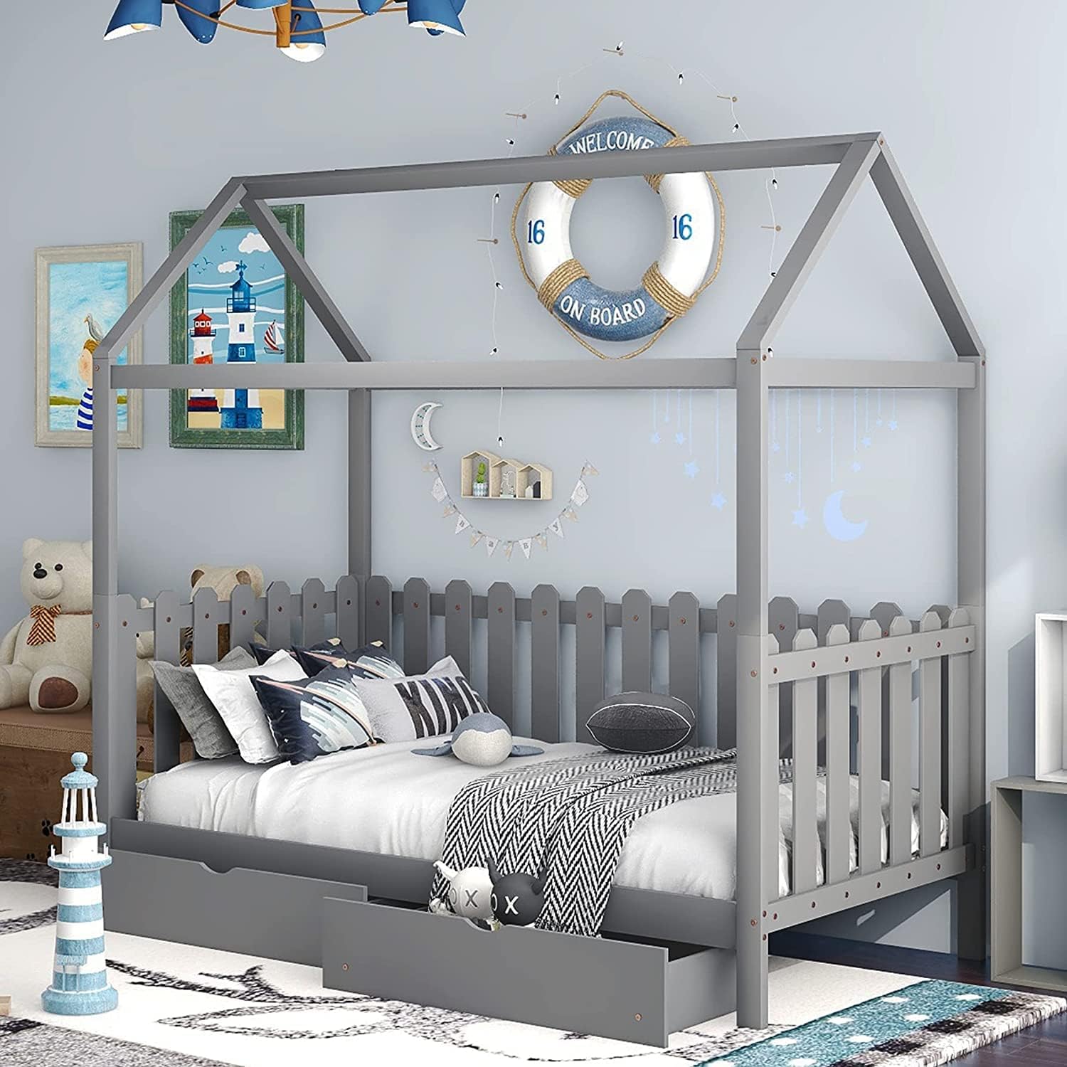 White Twin House Bed with Trundle X3675