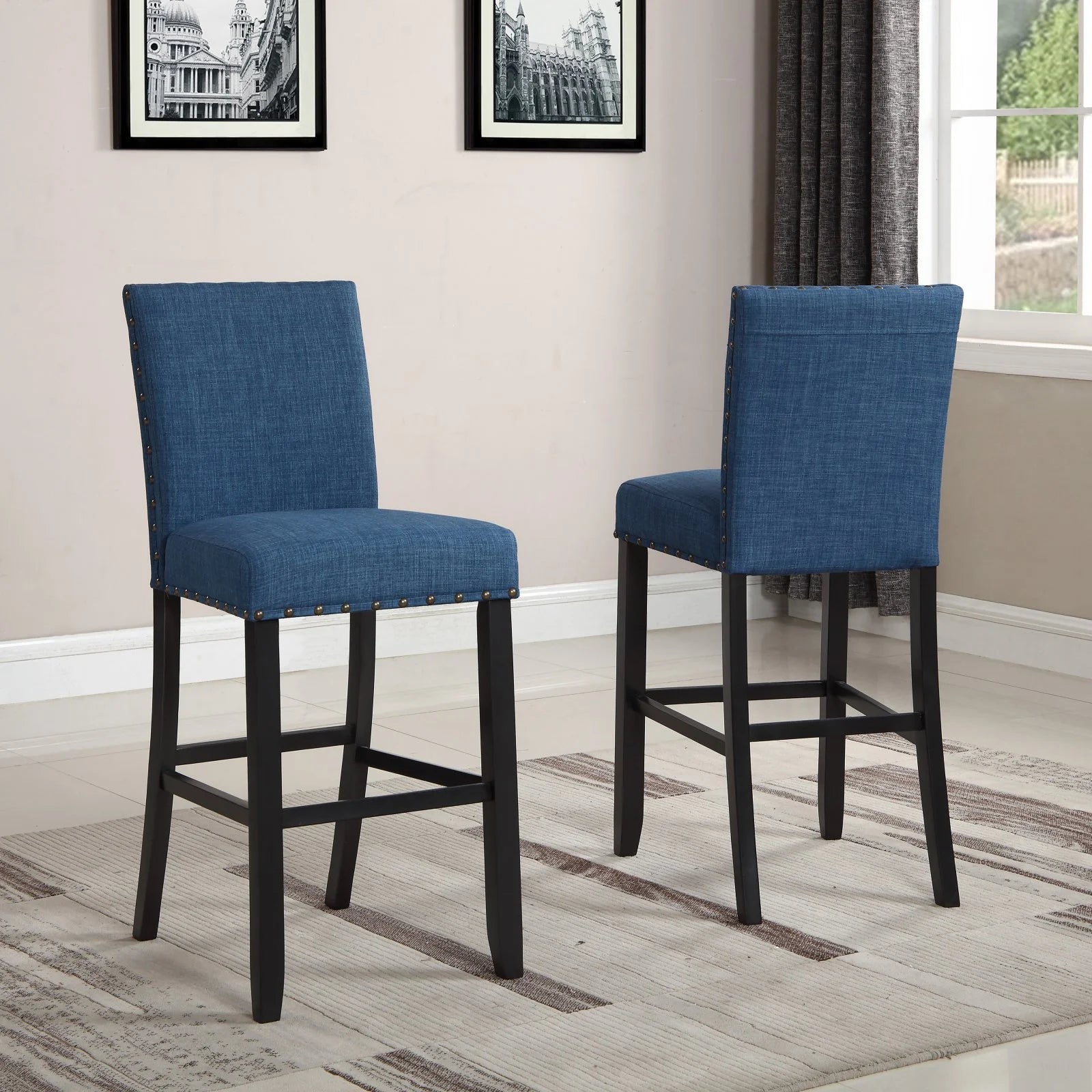 Gray Fabric Bar Stool with Nailhead Trim (Set of 2) D464