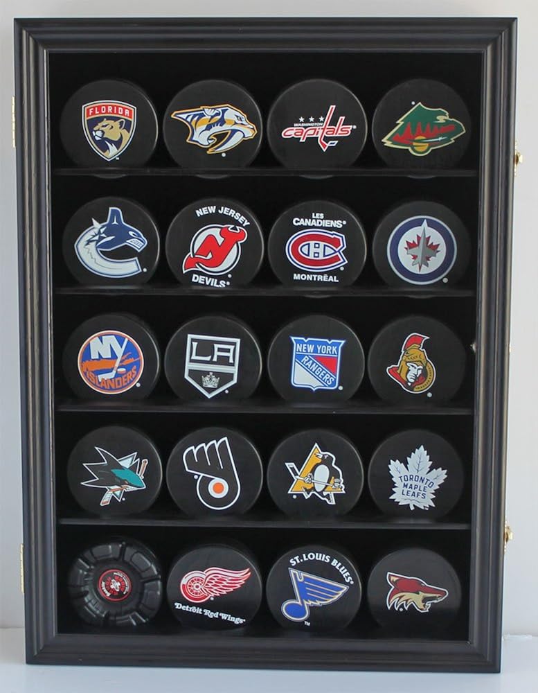 Hockey Puck Display Case Shadow Box Wall Cabinet with UV Protection Door G657