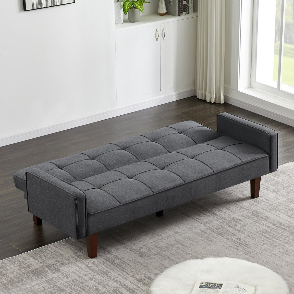 Grey Linen Convertible Sleeper Sofa with Removable Armrests G92465