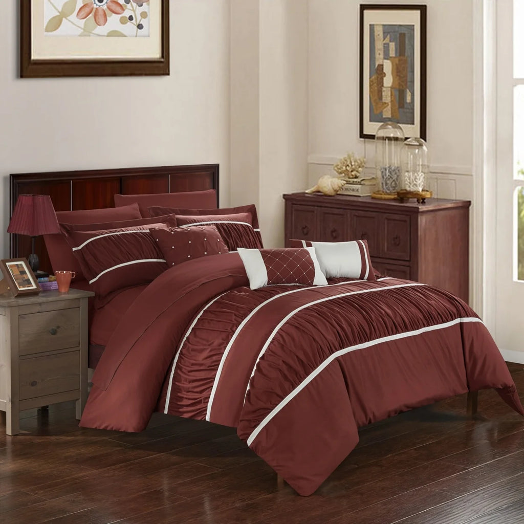 10 Piece Pleated and Ruffled Comforter and Sheet Set S9121