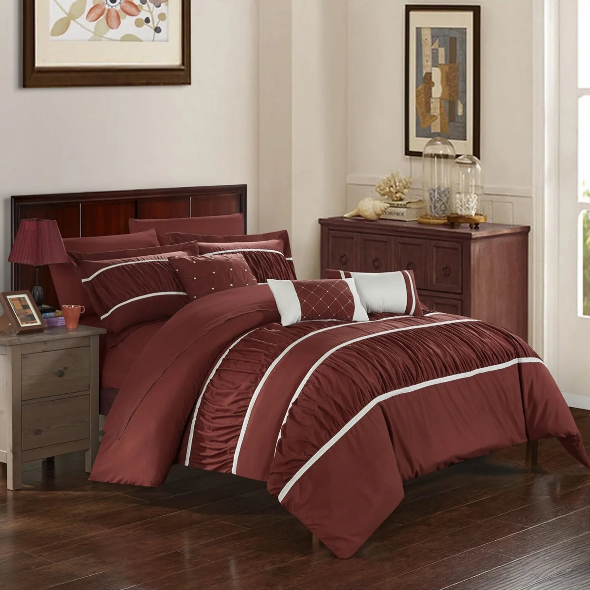10 Piece Pleated and Ruffled Comforter and Sheet Set S9121