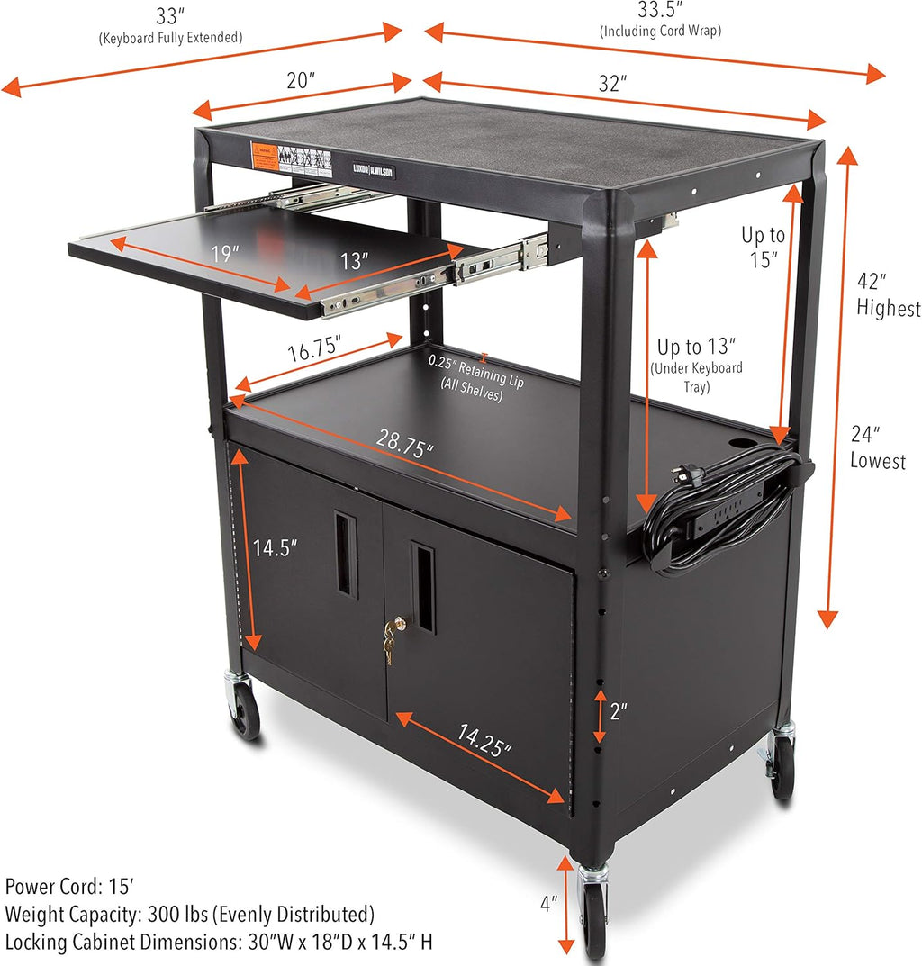 Extra Wide AV Cart with Locking Cabinet and Pullout Keyboard Tray N95547