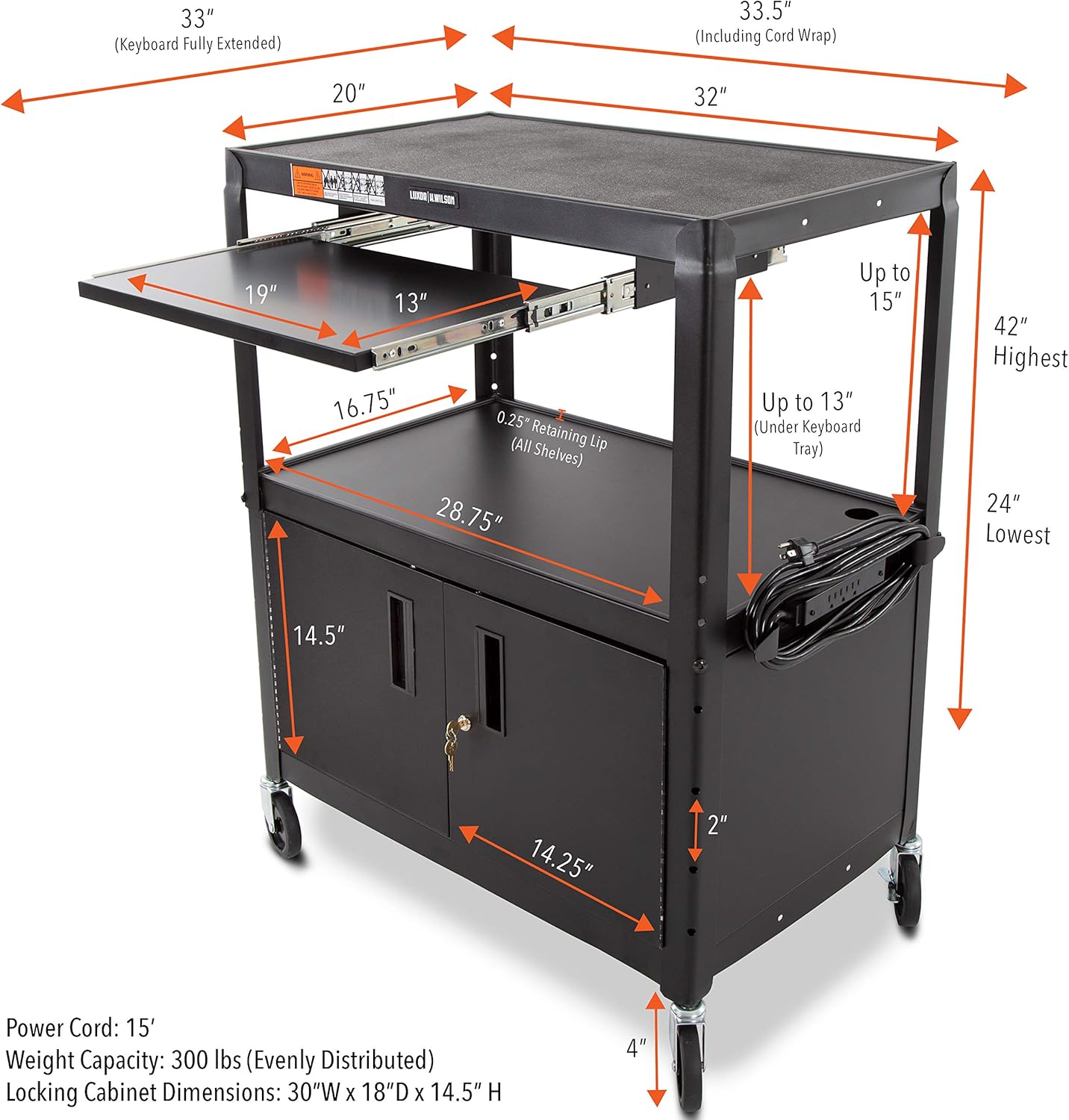 Extra Wide AV Cart with Locking Cabinet and Pullout Keyboard Tray N95547