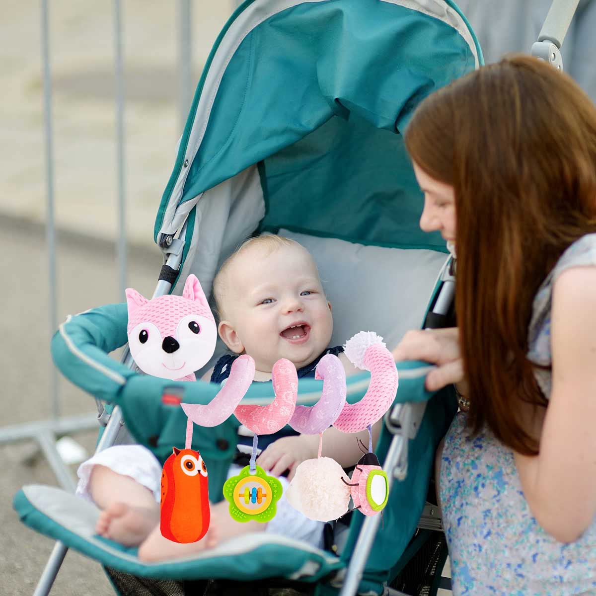 Pink Fox Plush Baby Car Seat Toys with Musical Sheep Rattles Owl Ladybird Distorting Mirror F43770