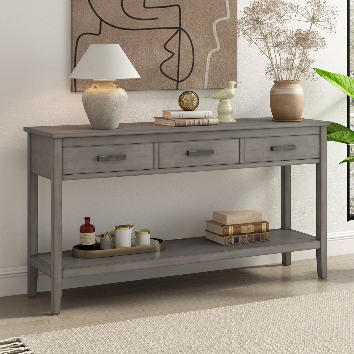 59.1" Long Console Table with 3 Drawers and Storage Shelf A866236