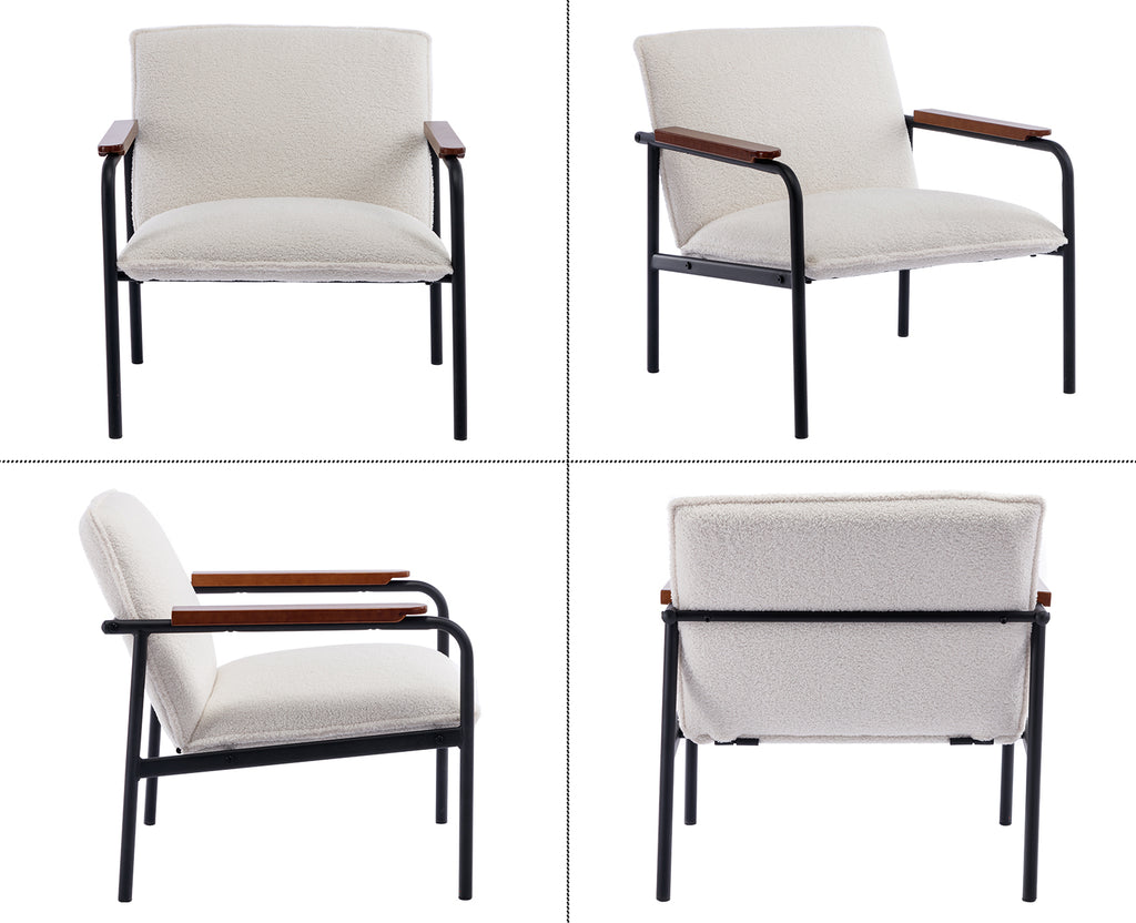White Sherpa Armchair with Wooden Armrests and Metal Legs Z623