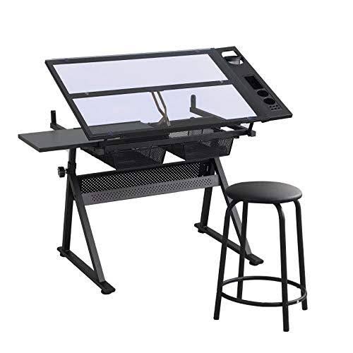 Black Adjustable Glass Drafting Table with Storage Drawer J720837