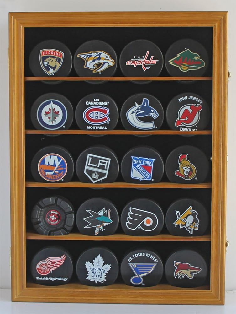 Hockey Puck Display Case Shadow Box Wall Cabinet with UV Protection Door G657