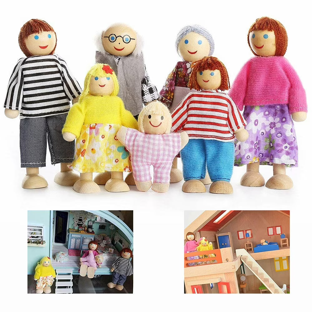 Wooden Dolls Playset Set of 7 People with Dog Y976