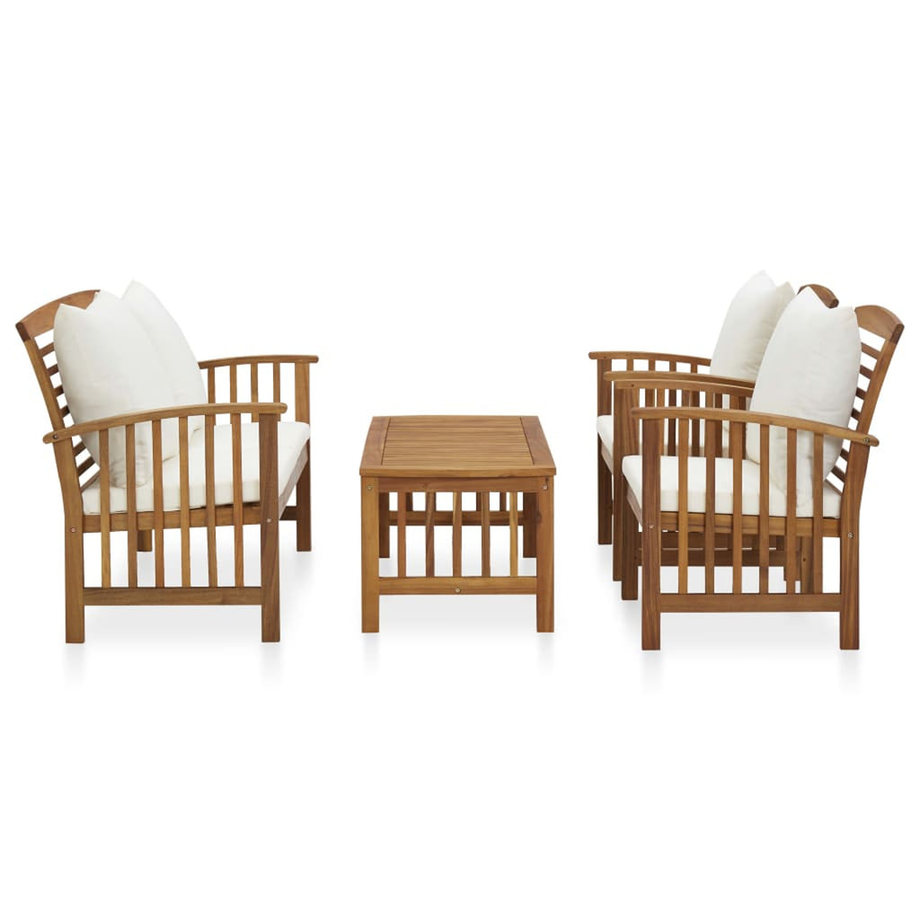 4 Piece Patio Lounge Set with Cream White Cushions Acacia Wood Outdoor Sectional Sofa Set B484