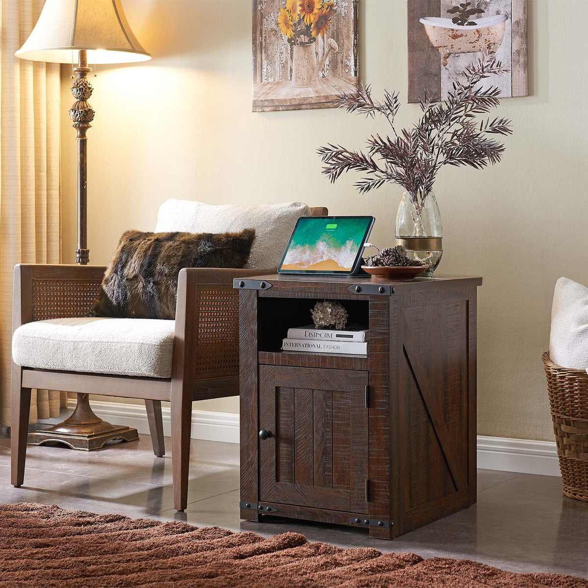 Brown Nightstand with Charging Station, Barn Door, Open Shelf K47091