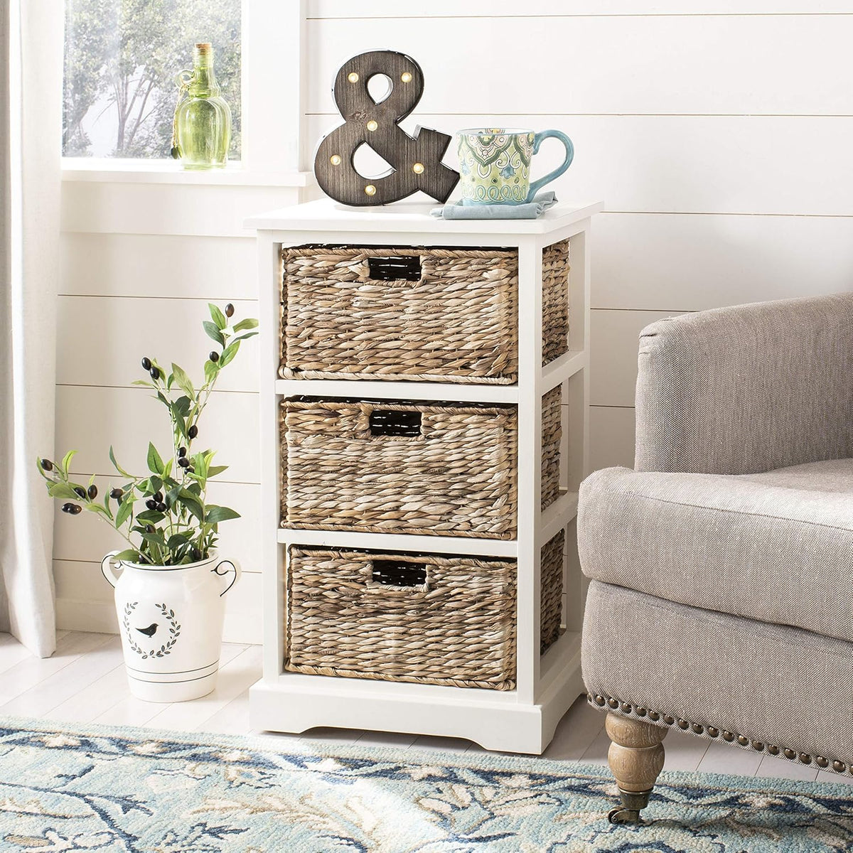 Distressed Black 3 Wicker Basket Storage Side Table Z78115