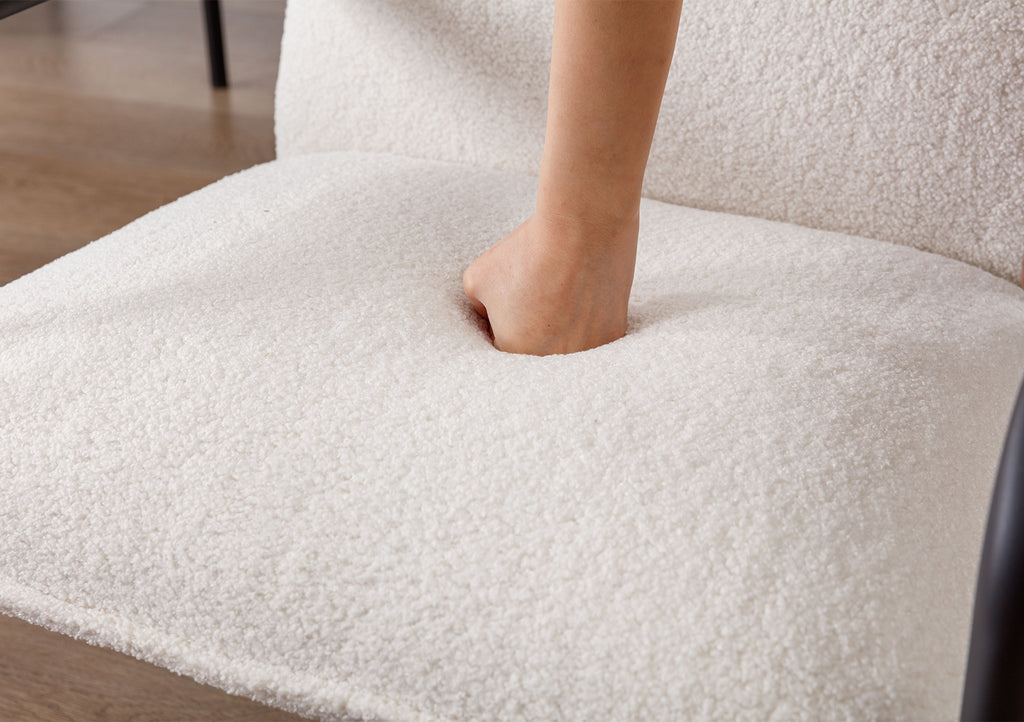 White Sherpa Armchair with Wooden Armrests and Metal Legs Z623