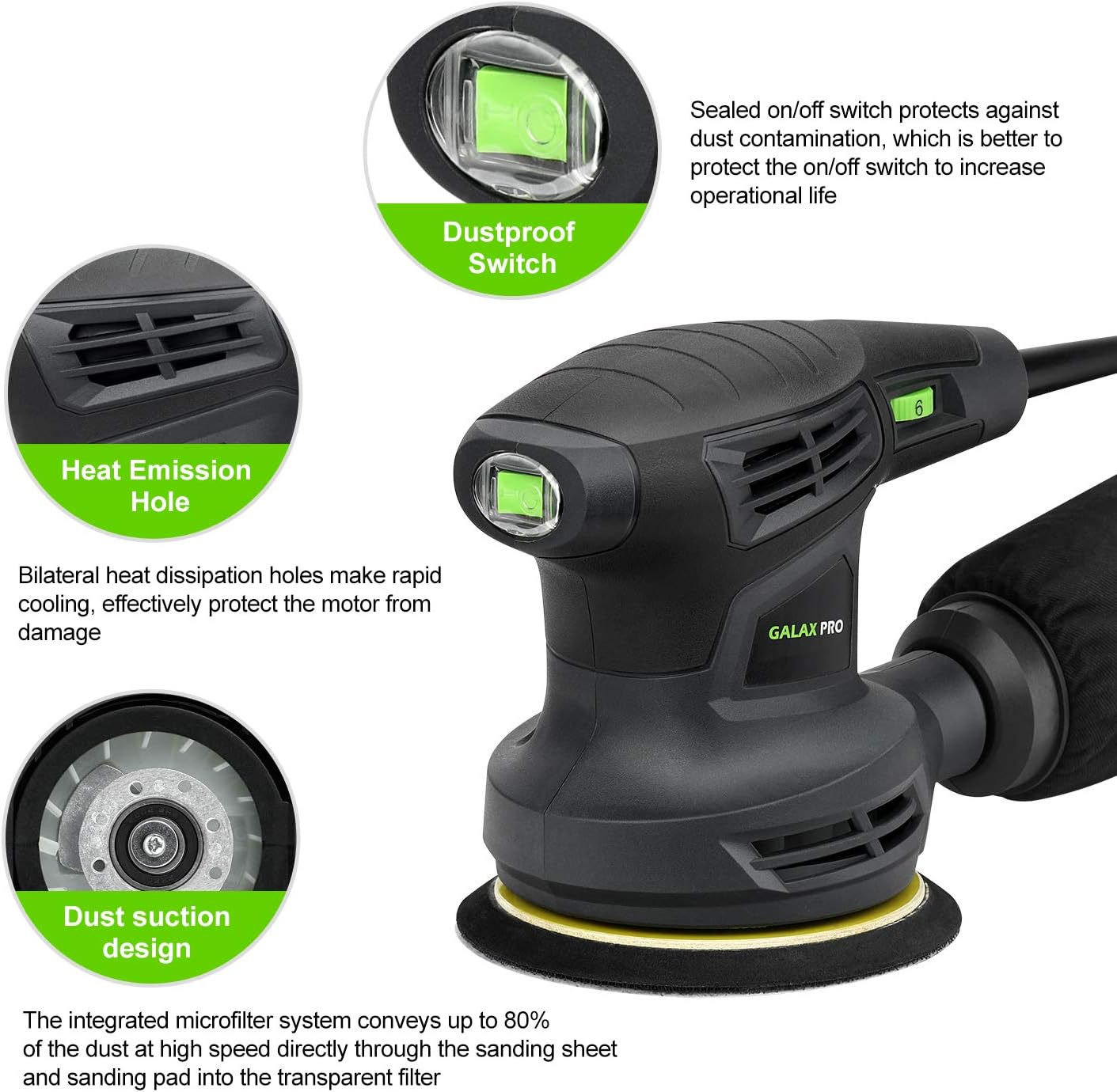 280W 5" Variable Speeds Orbital Sander with Dust Collector, 15Pcs Sanding Discs Y62591